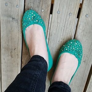 Green faux suede flats with sparkly embelleshments